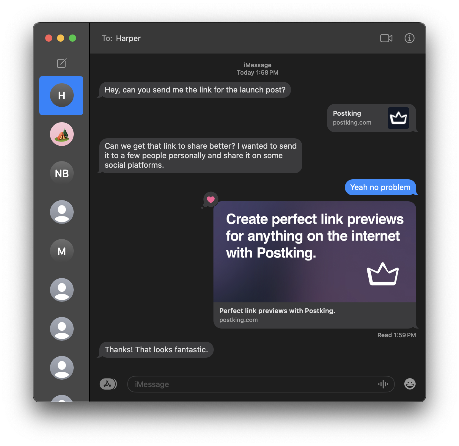 iMessage preview example showing Postking link preview